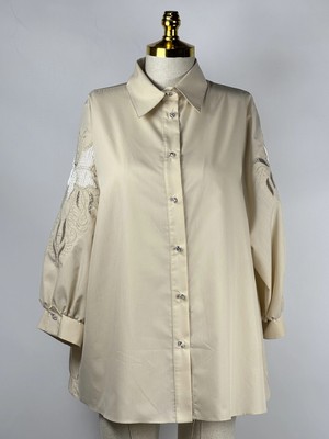 MY312 Bej Renk Kolları Nakışlı Taşlı Tunik