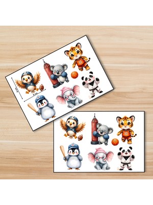 Tişört Kodu Sporcu Hayvanlar Sticker Seti - 2 Sayfa (12 Adet) | Mat Kağıd Sticker