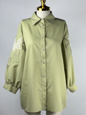 MY312 Çağla Renk Kolları Nakışlı Taşlı Tunik