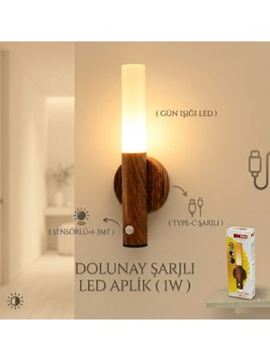 Ahşap Görünümlü Sensörlü Duvar Apliği - 1W Günışığı Led, Type-C Şarjlı, Hareket Sensörlü Gece Lamba