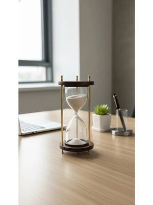 Evle Ahşap Kaideli Dekoratif Kum Saati 14 cm Beyaz Kumlu Altın Rengi Metal Lüks Vintage Ofis Hediyelik