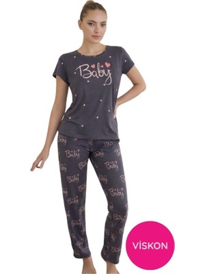 Seamlife Kadın Antrasit Desenli Düğmesiz Bisiklet Yaka Kısa Kol Slim Fit Yazlık Homewear Pijama Takımı