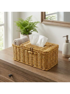 Greathings Bölmeli Kapaklı Doğal Rattan Görünümlü Hasır Makyaj, Takı ve Havlu Düzenleyici – Peçetelikli Çok Amaçlı Masaüstü Organizer Sepet