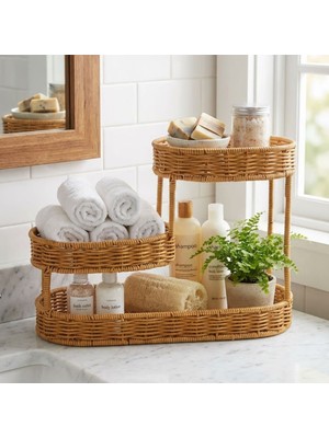 Greathings 3 Katlı Oval Rattan Organizer Sepet – Plastik Hasır Görünümlü Çok Amaçlı Düzenleyici