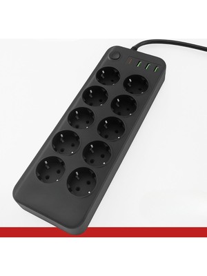 Greathings Akım Korumalı Termal Uzatma Kablosu – 10 Priz, 2 USB ve 2 Type-C Girişli, Güçlü Çoklu Priz