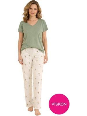 Seamlife Kadın Yeşil Çiçek Desenli Düğmesiz Bisiklet Yaka Kısa Kol Slim Fit Yazlık Homewear Pijama Takımı