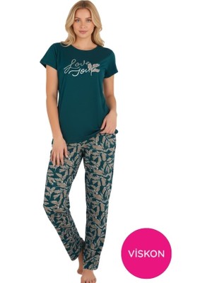 Bie's Kadın Koyu Yeşil Desenli Düğmesiz Bisiklet Yaka Kısa Kol Slim Fit Yazlık Homewear Pijama Takımı