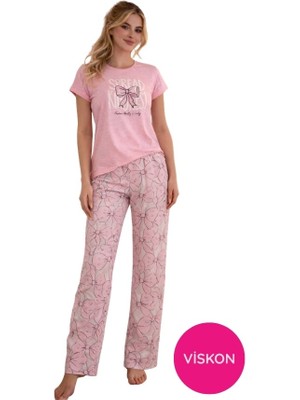 Seamlife Kadın Pembe Kurdele Desenli Düğmesiz Bisiklet Yaka Kısa Kol Slim Fit Yazlık Homewear Pijama Takımı