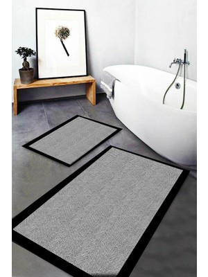 Mabeba Tekstil Siyah Gri Desenli Yıkanabilir Kaymaz Taban 2li Banyo Halısı Paspas Klozet Takımı