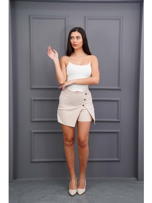 Kadın Bej Yüksek Bel Kruvaze Düğme Detaylı Şortlu Mini Etek