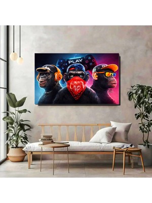Artprinta Gamer Maymunlar Neon Kanvas Tablo – Modern Oyun Odası Duvar Dekoru