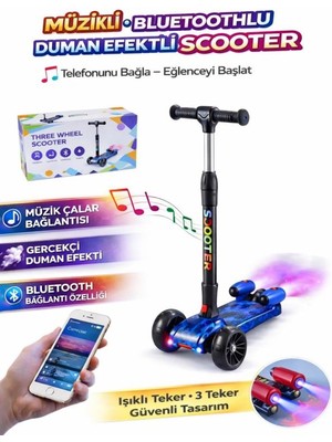 Ctoy 3 Tekerlekli Duman Efektli Bluetoothlu LED Işıklı Müzikli Çocuk Scooter (3-9 Yaş) – Mavi Mermer