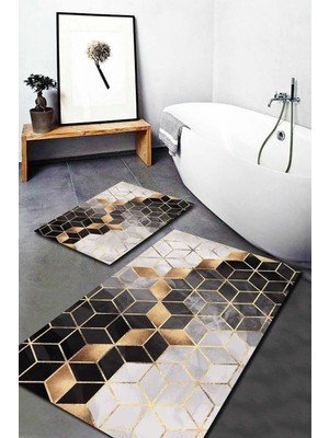 Mabeba Tekstil Küp Desenli Renkli 2'li Takımı (60X100/40X60) Banyo Paspası Klozet Takımı