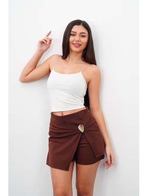 Kadın Kahverengi Yüksek Bel Kruvaze Gold Toka Detaylı Şortlu Mini Etek