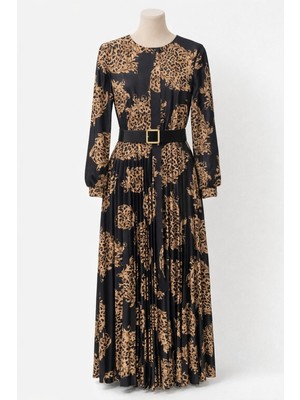 Bensu Leopar Desenli Uzun Elbise