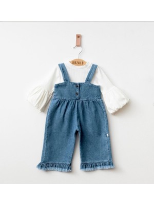 Bebeva Baby Kız Bebek Kot Mavisi Geniş Paça Salopet ve Uzun Kollu Fırfırlı Badi Ikili Takım