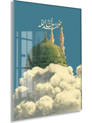 Mescid-I Nebevî Yeşil Kubbe Cam Tablo – Muhammed Resûlullah Yazılı Islami Duvar Dekoru - PEONYDINI140