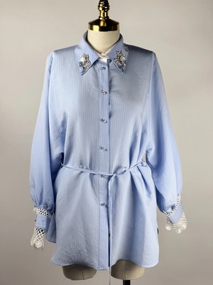 MY312 Mavi Renk Dantelli Taşlı Çizgili Gömlek