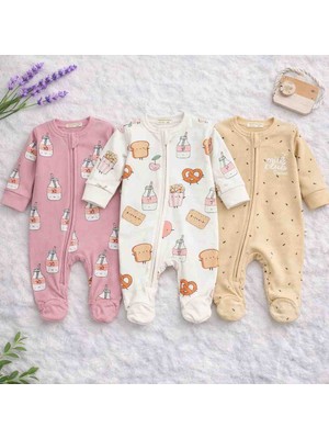 UmBaby Pamuklu Bebek Tulum Fermuarlı Milk Desenli Yenidoğan Uyku ve Günlük Tulum
