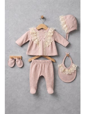 Laria Fırfırlı Fistolu Beşli Kız Bebek Hastane Çıkış Zıbın Seti %100 Pamuk - Minicayzen