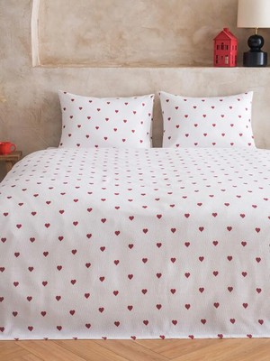 LC Waikiki Kırmızı Kalp Desenli Pamuklu Çift Kişilik Pike Takımı  (S6)