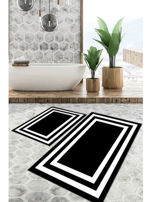 Mabeba Tekstil Siyah Beyaz Köşeli Dijital Baskı Yıkanabilir Kaymaz Kaydırmaz Taban Modern Banyo Paspası