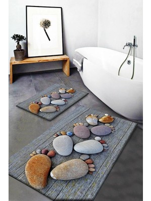 Mabeba Tekstil Gri Ayak Taşları Desenli Yıkanabilir Kaymaz Taban 2li Banyo Halısı Paspas Klozet Takımı