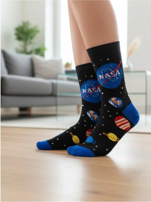 Aksu Çorap Unisex Lacivert Nasa Gezegenler Desenli Renkli Soket Çorap