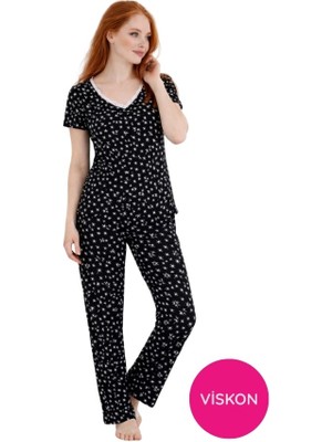 Seamlife Kadın Siyah Çiçek Desenli Düğmesiz Bisiklet Yaka Kısa Kol Slim Fit Yazlık Homewear Pijama Takımı