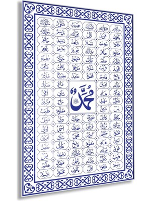 Muhammed (Sav) ve Esmaül Hüsna Cam Tablo – Mavi Beyaz Islami Duvar Dekoru - PEONYDINI138
