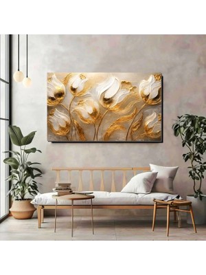 Artprinta Altın Detaylı Beyaz Çiçek Kanvas Tablo – Lüks ve Modern Panoramik Duvar Dekoru
