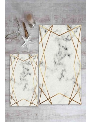 Mabeba Tekstil Dama Çizgili Mermer Desenli 2'li Banyo Halı Takımı