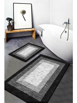 Mabeba Tekstil Gri Siyah Beyaz Kutulu Desenli Yıkanabilir Kaymaz Banyo Paspası 2'li Klozet Takımı Halısı