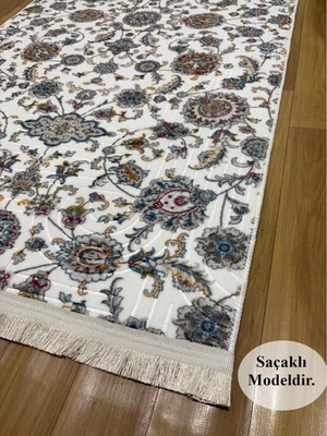 NarStore Home Otantik Çiçekli Desen Saçaklı Mavi Krem Kaymaz Taban Yıkanabilir Kesme Yolluk Halı