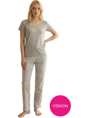 Seamlife Kadın Gri Ekose Desenli Düğmesiz Bisiklet Yaka Kısa Kol Slim Fit Yazlık Homewear Pijama Takımı