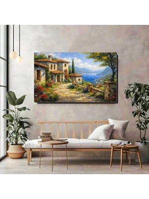 Artprinta Akdeniz Manzaralı Kanvas Tablo – Panoramik Taş Ev ve Deniz Temalı Duvar Dekoru