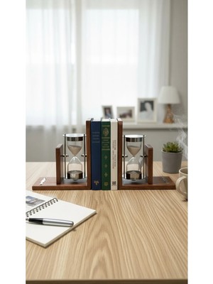Evle Ahşap Kitap Tutucu 2'li Set Gümüş Renk Metal Kum Saatli Çok Renkli Lüks Ofis Aksesuarı
