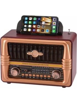 Greathings Büyük Boy Telefon Tutma Aparatlı Retro Ahşap Tasarım Bluetooth Hoparlörlü Radyo – Fm/am Destekli, Şarjlı ve Taşınabilir Radyo NS-8079