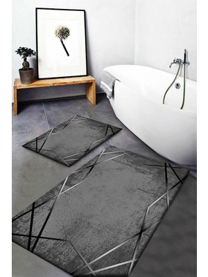 Mabeba Tekstil Antrasit Çizgili Desenli Yıkanabilir Kaymaz Taban 2 Li Banyo Halısı Banyo Paspası