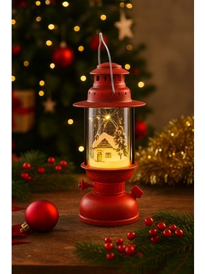 Dodomar Yılbaşı Ledli Fener (14 Cm) - Kırmızı Işık Gaz Lambası Desenli Dekoratif Masa ve Ağaç Süsü