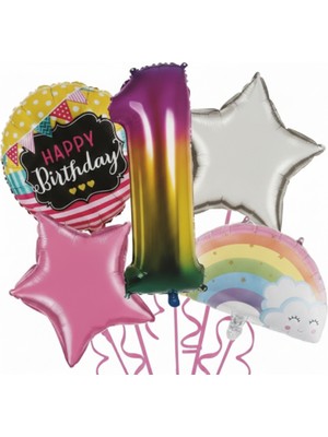 1 Yaş Folyo Balon Doğum Günü Parti Seti 5 Parça Gökkuşağı Yıldız Tema
