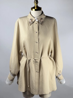 MY312 Bej Renk Dantelli Taşlı Çizgili Gömlek