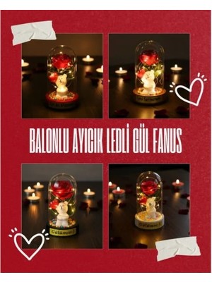 EkoAlışverişDünyam Balonlu Ayıcık Ledli Gül Fanus
