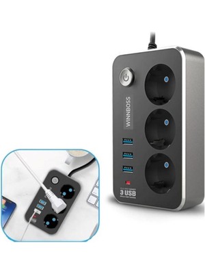 Greathings Isıya Dayanıklı Termal Akım Korumalı 2 mt 10A 2500W 3lü Priz ve 3 Usbi 21A Uzatma Kablosu