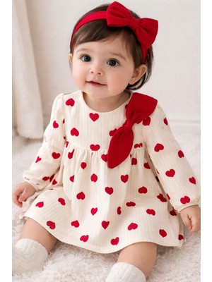 Kız Bebek Kalp Desenli Fiyonk Detaylı Elbise