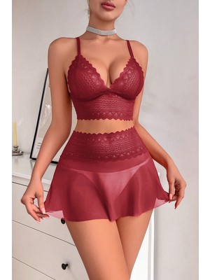 Akman Kadın Bordo Dantel ve Tül Detaylı Etekli Şık Gecelik Takımı