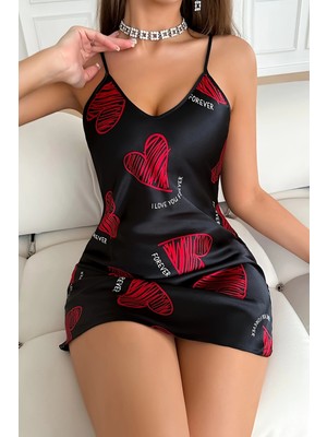 Akman Büyük Kırmızı Kalp Desenli Siyah Saten Gecelik