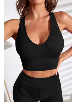 Akman Kadın Siyah Derin Göğüs Dekolteli Şık Crop Top Bluz