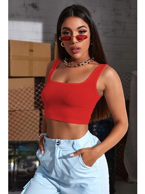 Akman Kadın Kırmızı Kalın Askılı Crop Top Büstiyer