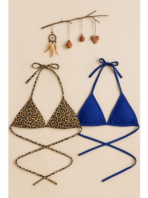 Akman Kadın Leopar Desenli ve Mavi Minimal Kesim Üçgen Bikini Üstü